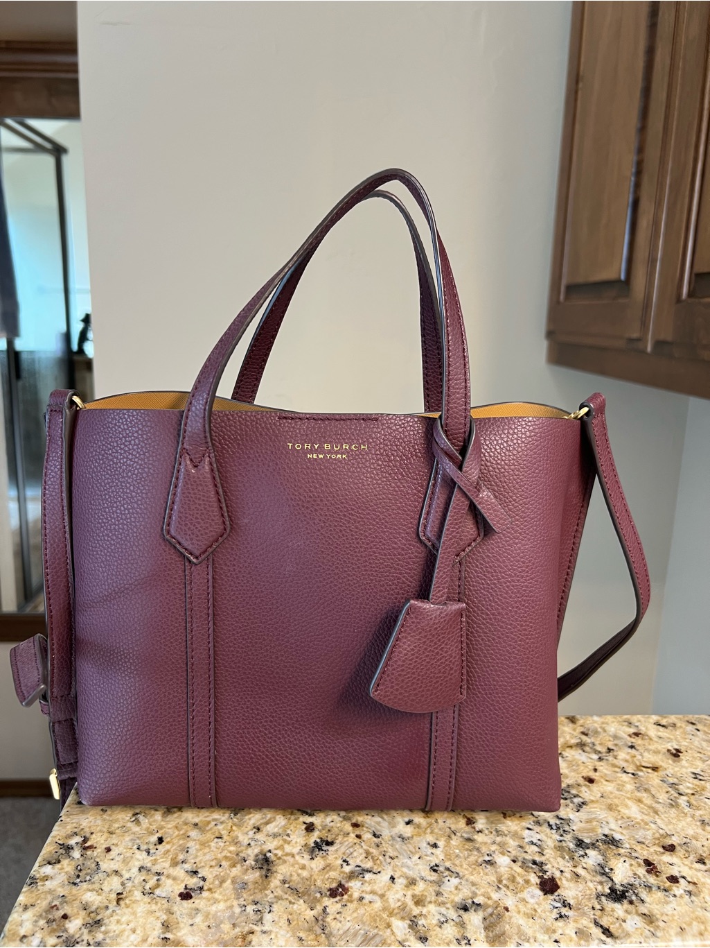 Tory Burch Plum Pebbled Leather Tote With Gold Logo